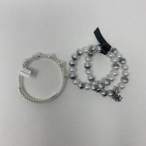 Fashion Pearl & Rhinestone Coil Bracelet Set w/ Unique Charm Bracelet